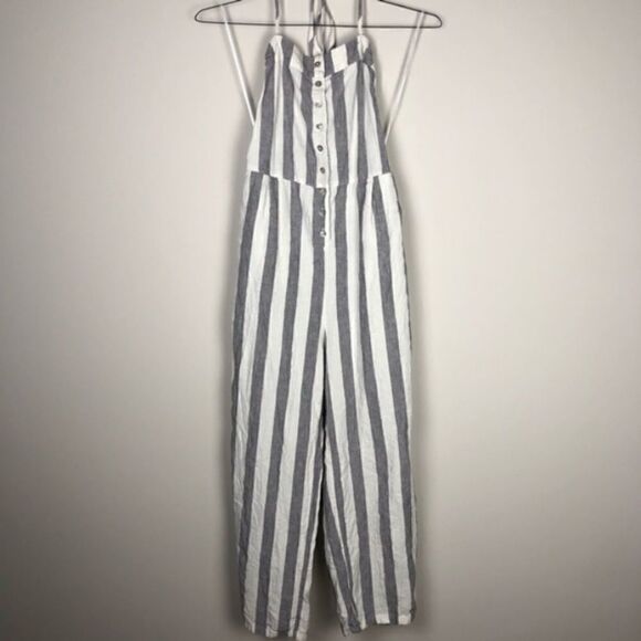 OLIVACEOUS STRIPED OPEN BACK LINEN JUMPSUIT SMALL - Picture 7 of 8